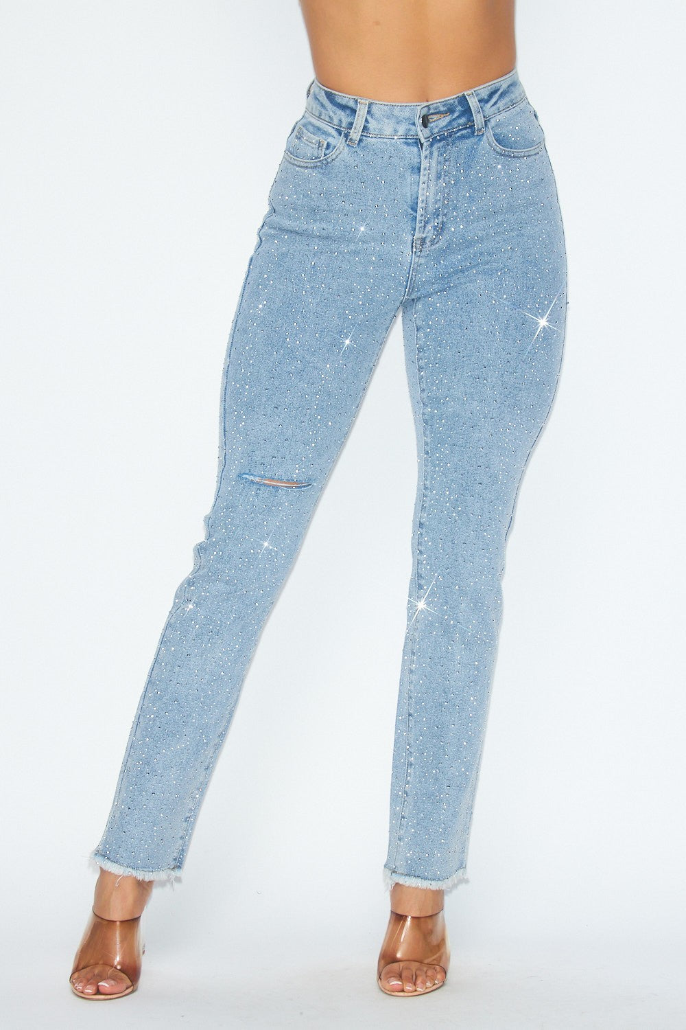 Women's Rhinestone Distressed High Rise Denim Jean Pants - HOTHGP7843
