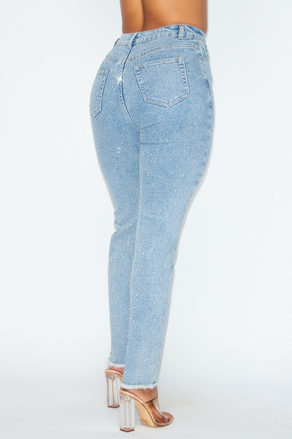 Women's Rhinestone Distressed High Rise Denim Jean Pants - HOTHGP7843