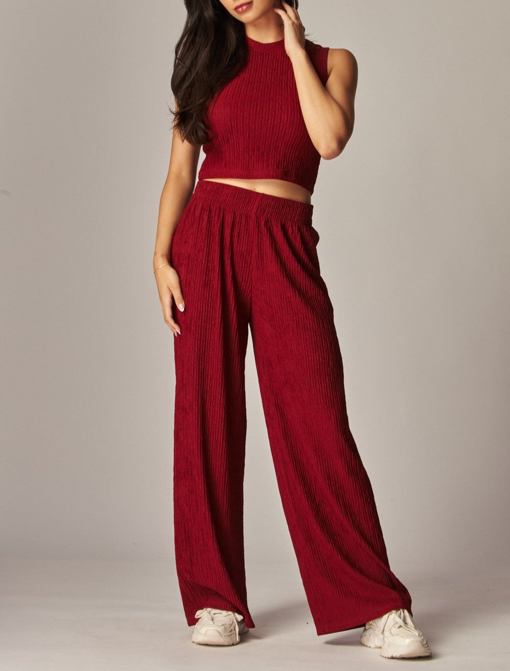 Women's Crinkle Textured Cropped Top 2pc Loungewear Set - LVPIRIS1S