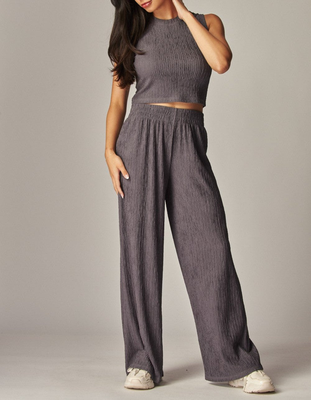 Women's Crinkle Textured Cropped Top 2pc Loungewear Set - LVPIRIS1S