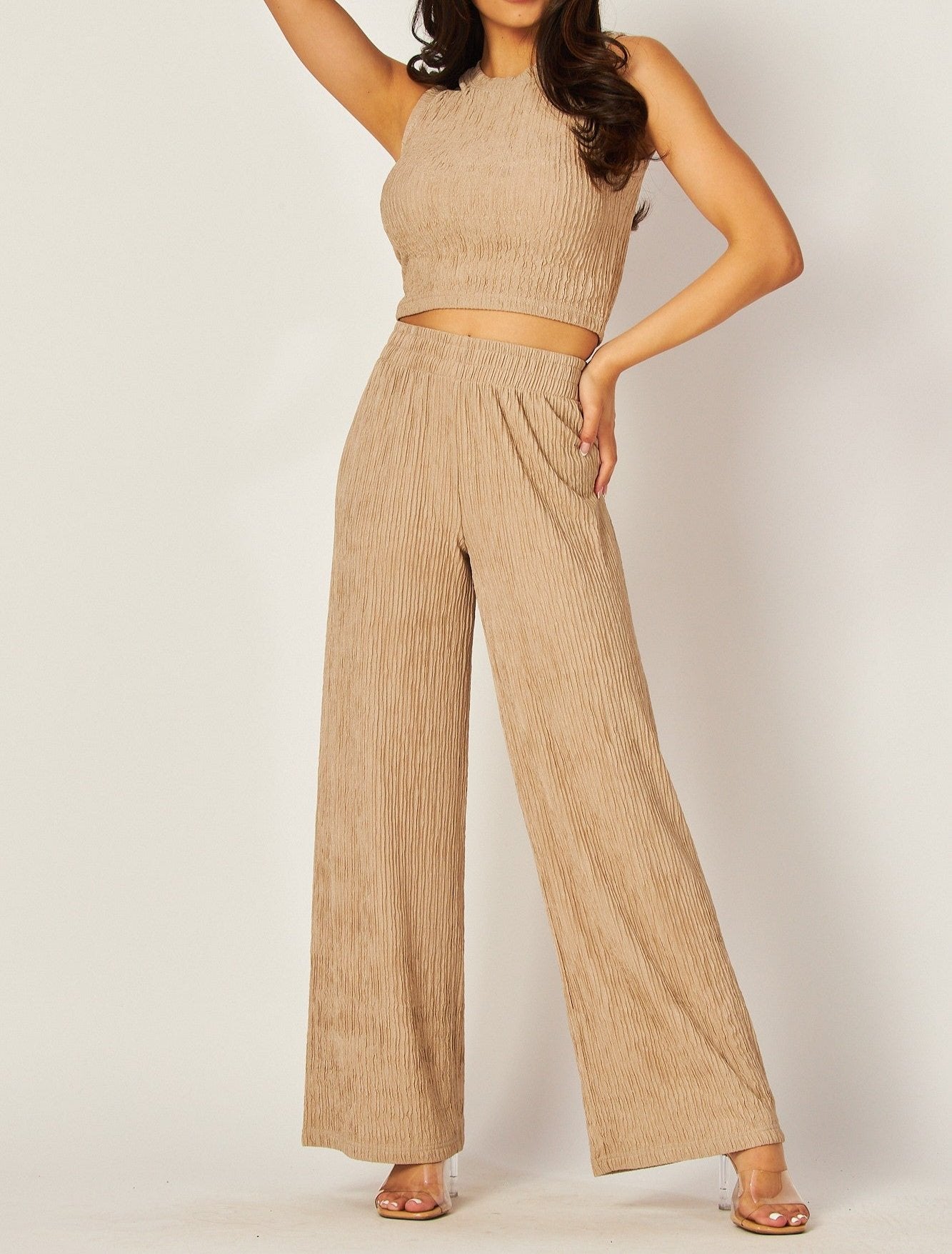 Women's Crinkle Textured Cropped Top 2pc Loungewear Set - LVPIRIS1S