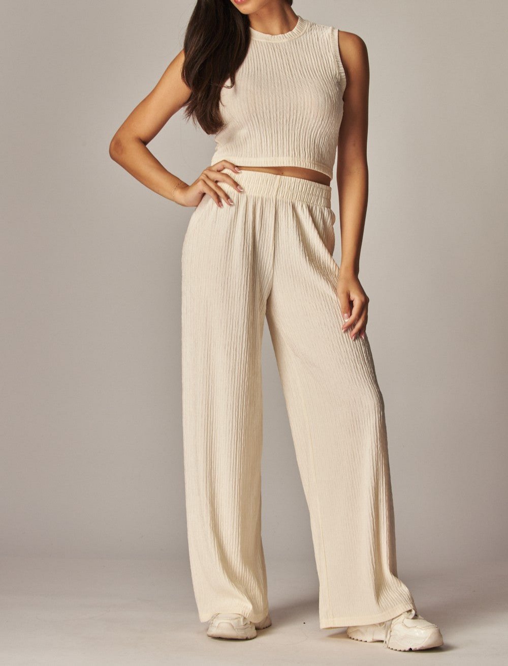 Women's Crinkle Textured Cropped Top 2pc Loungewear Set - LVPIRIS1S