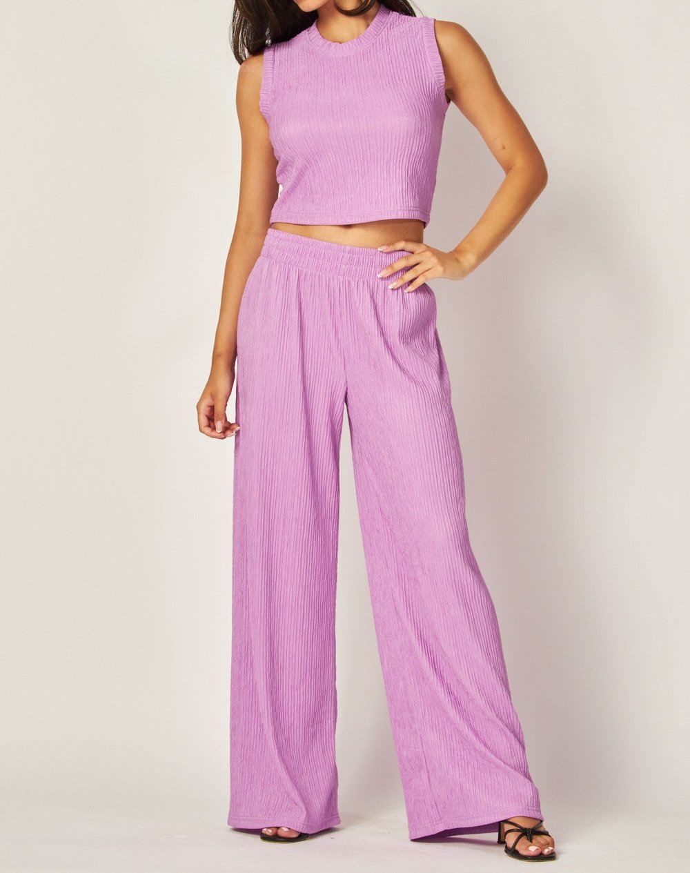 Women's Crinkle Textured Cropped Top 2pc Loungewear Set - LVPIRIS1S