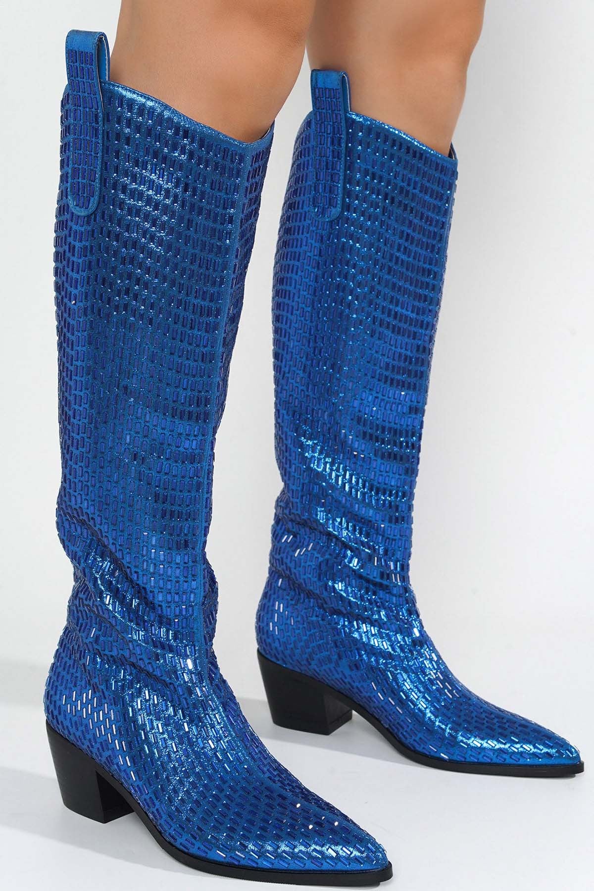 Women's Metallic Rhinestone Chunky Western Boots - CHERUB