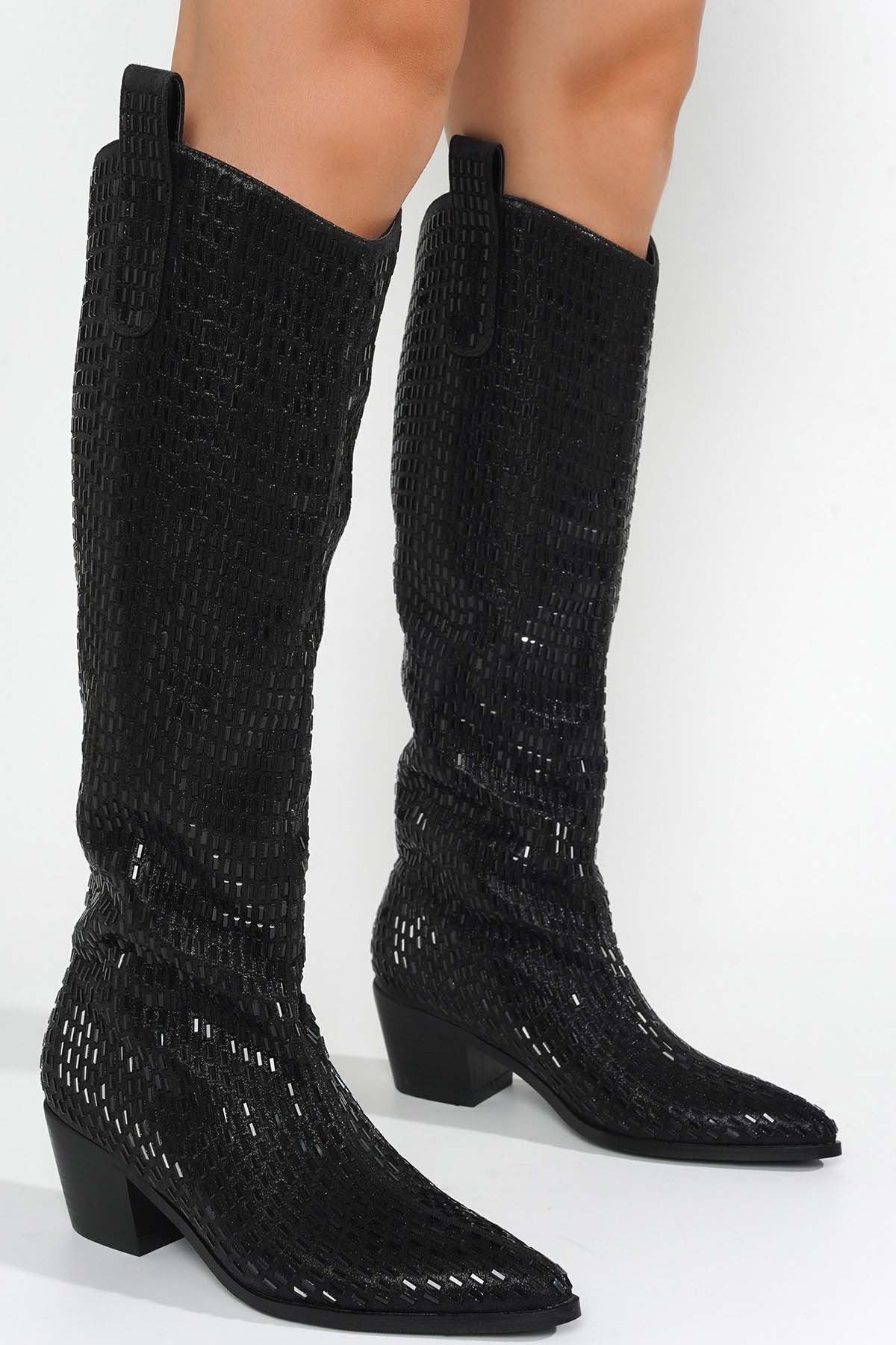 Women's Metallic Rhinestone Chunky Western Boots - CHERUB