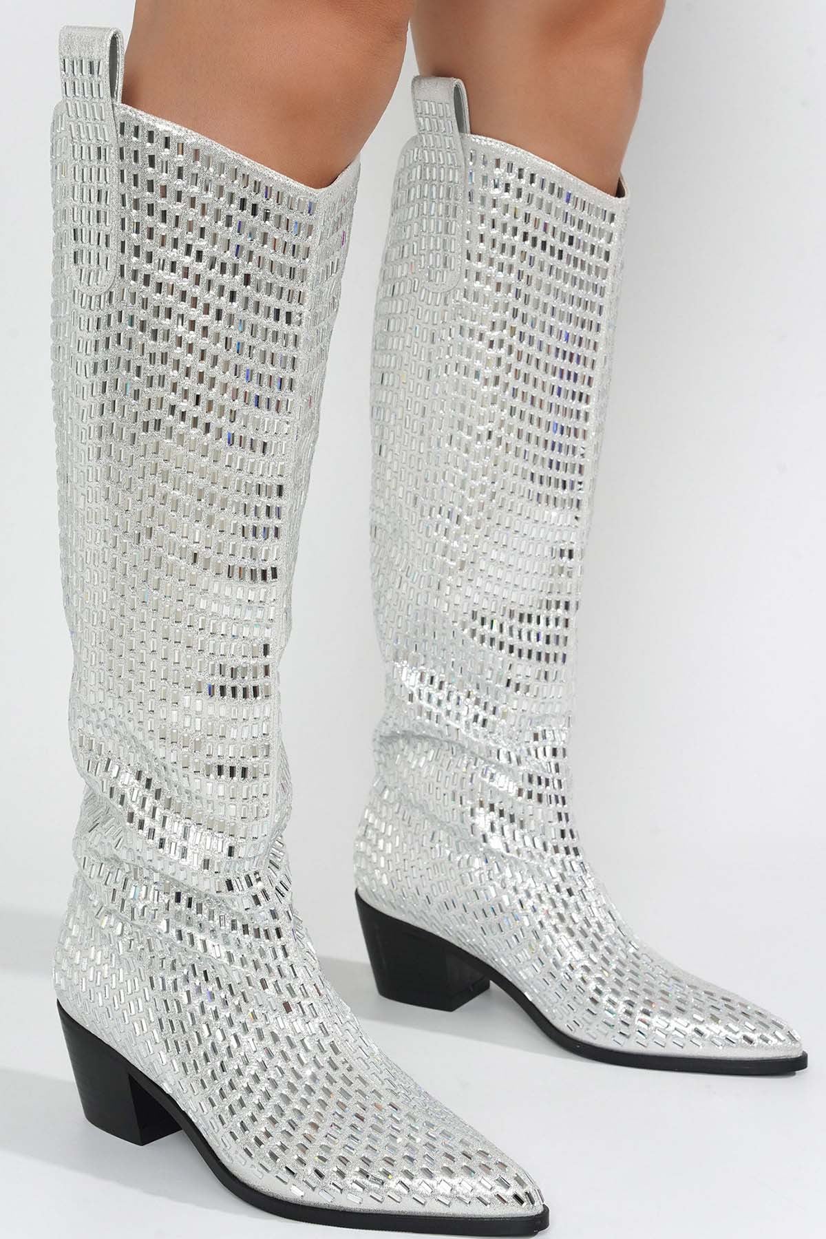 Women's Metallic Rhinestone Chunky Western Boots - CHERUB