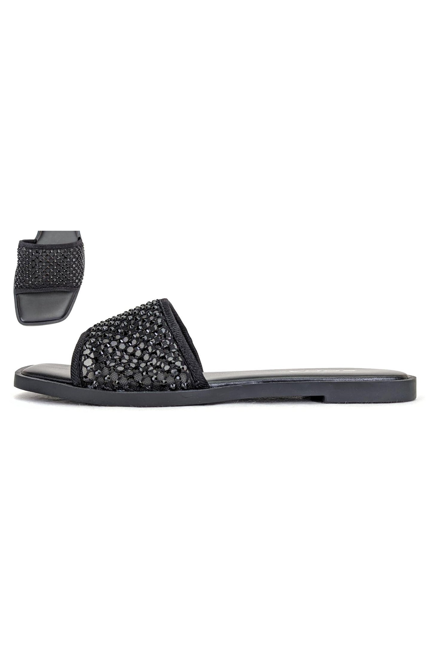 Women's Square Toe Rhinestone Fishnet Flat Sandal - INDIES