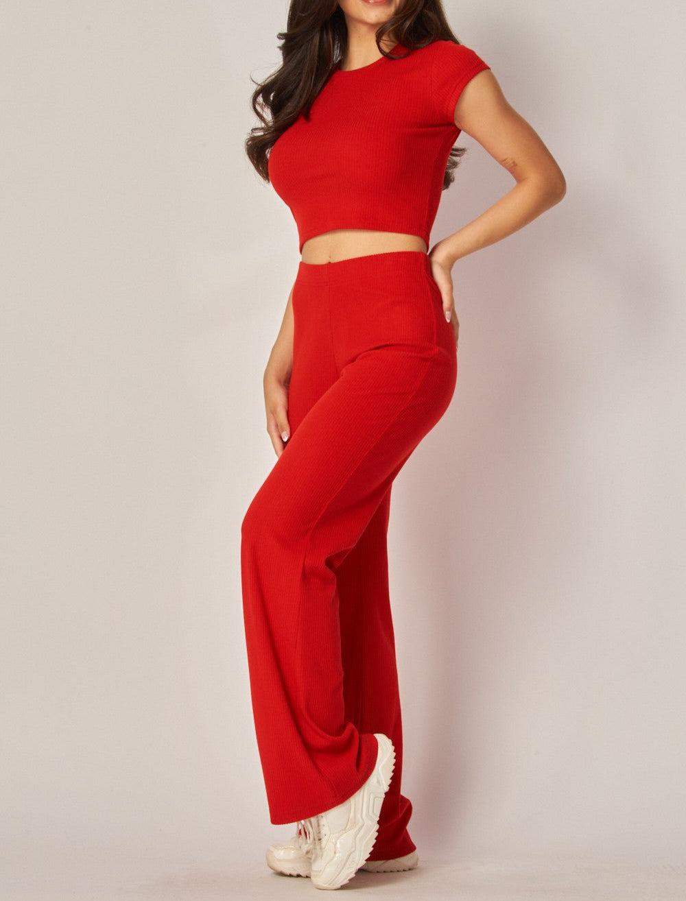 Women's Soft Ribbed Crop Tee Wide Leg Pant Set - LVPHALEY101