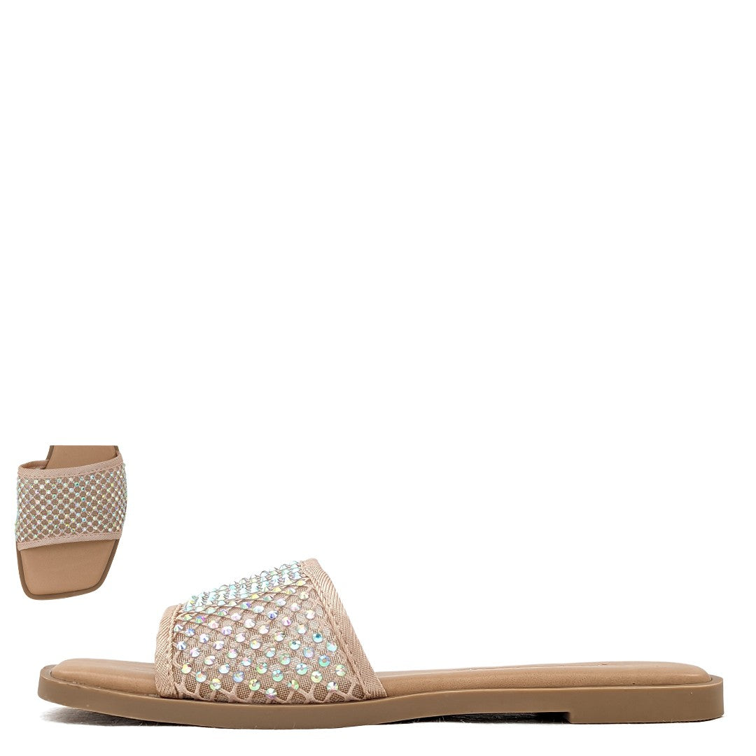 Women's Square Toe Rhinestone Fishnet Flat Sandal - INDIES