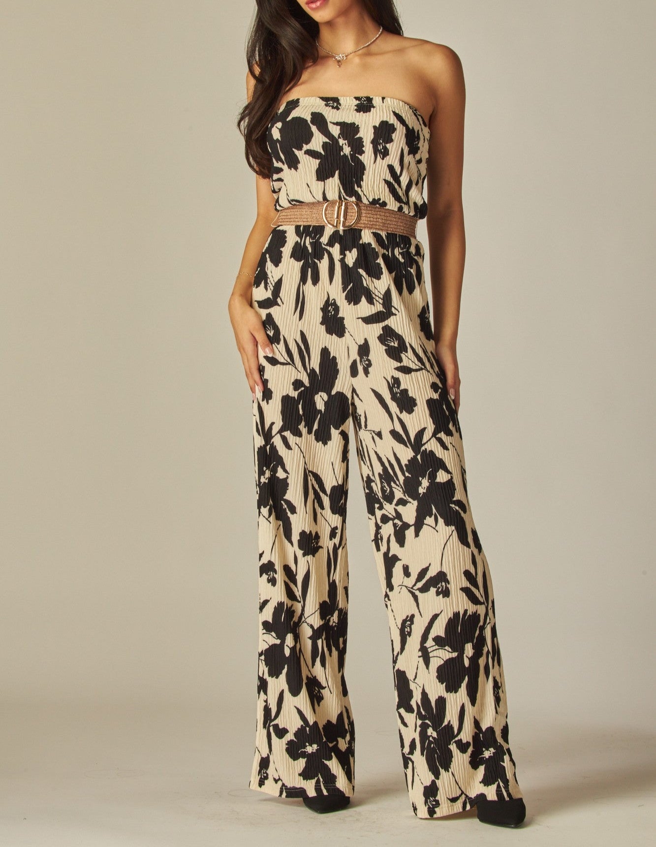 Women's Crinkled Print Strapless Belted Wide Leg Jumpsuit - LVPIRIS5JP