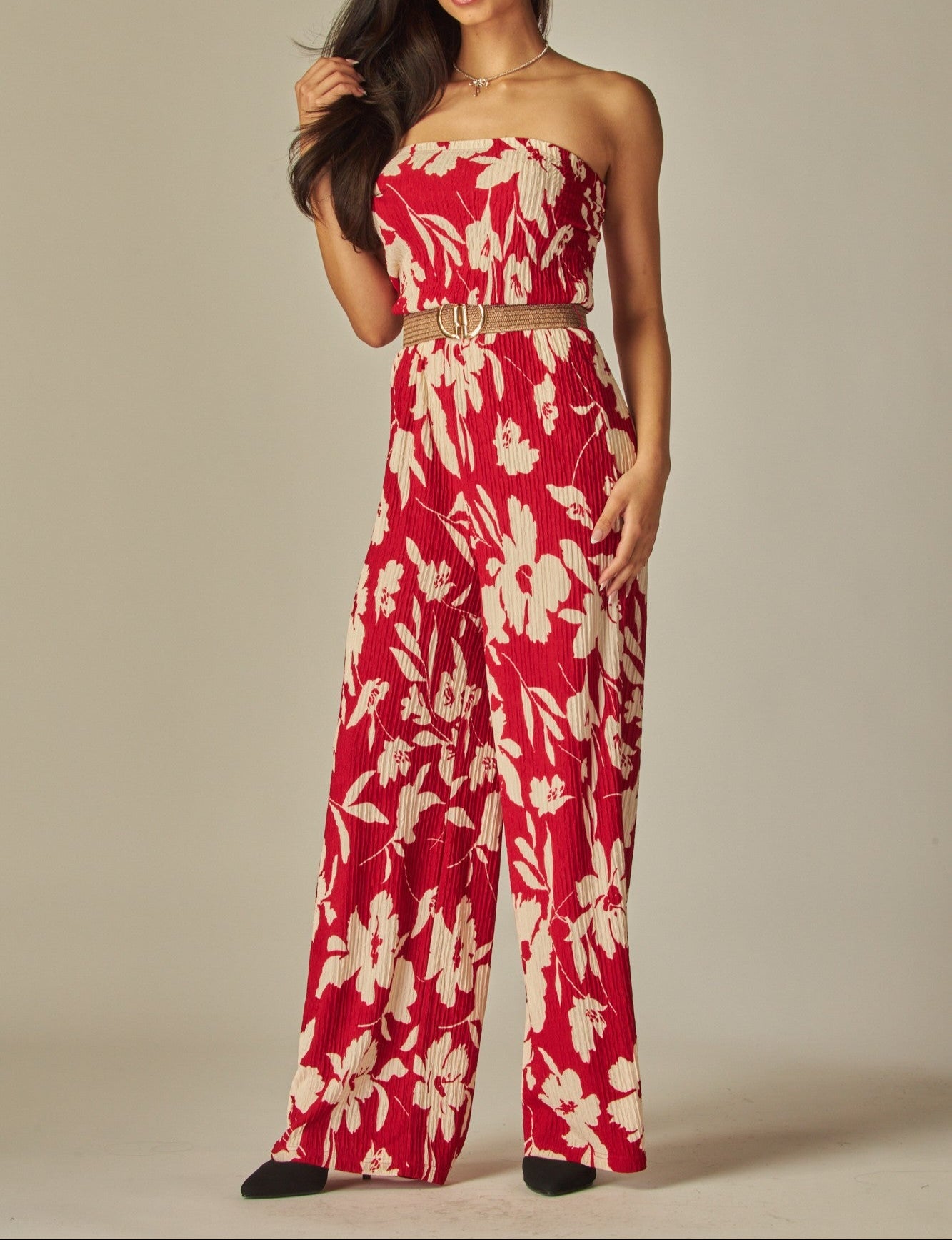 Women's Crinkled Print Strapless Belted Wide Leg Jumpsuit - LVPIRIS5JP