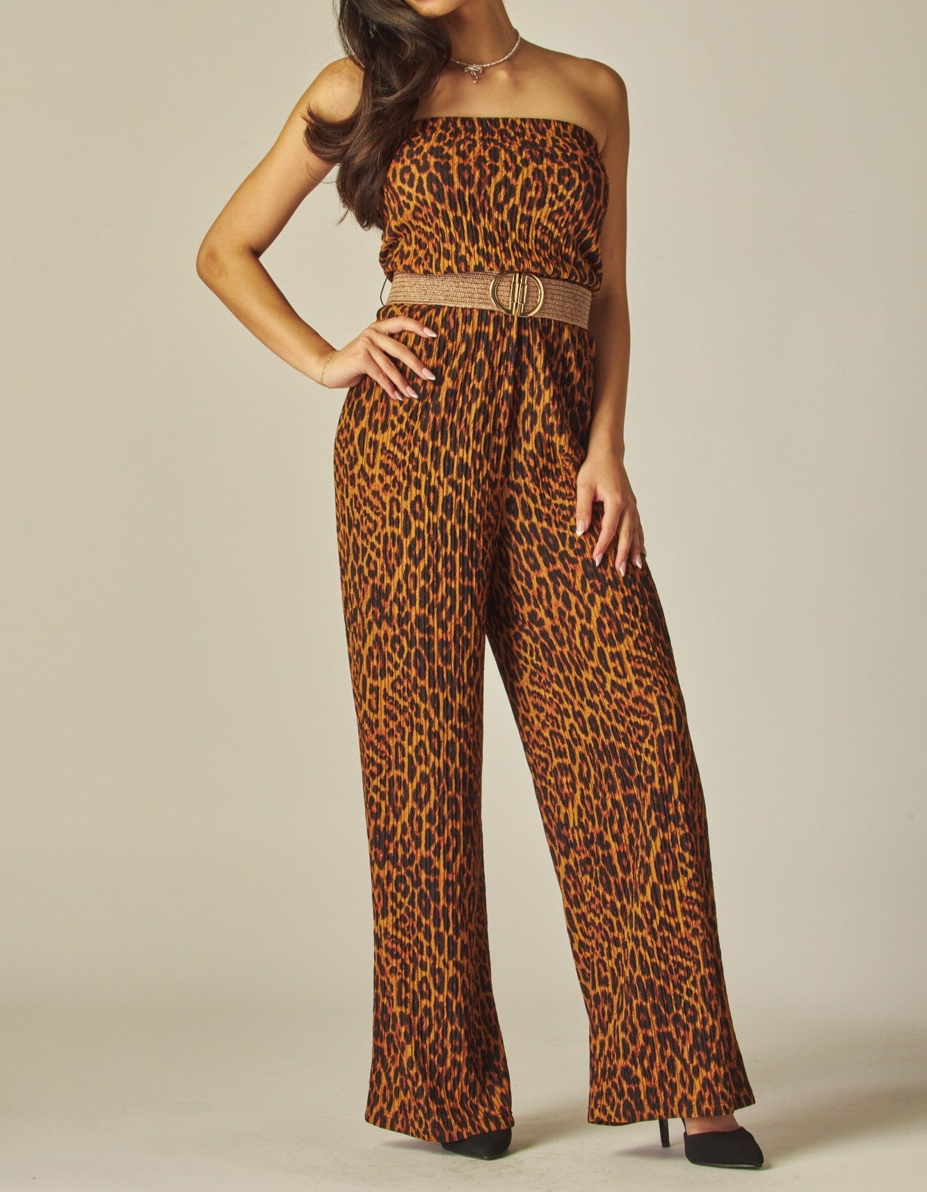 Women's Crinkled Print Strapless Belted Wide Leg Jumpsuit - LVPIRIS5JP