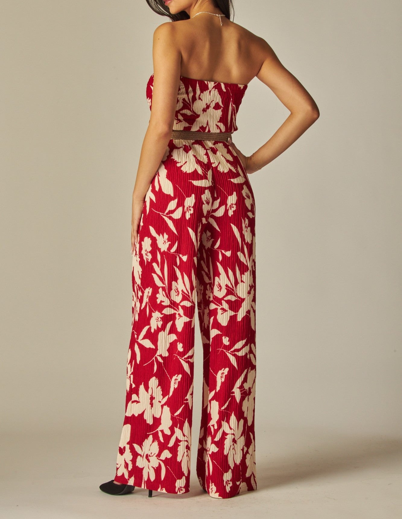 Women's Crinkled Print Strapless Belted Wide Leg Jumpsuit - LVPIRIS5JP