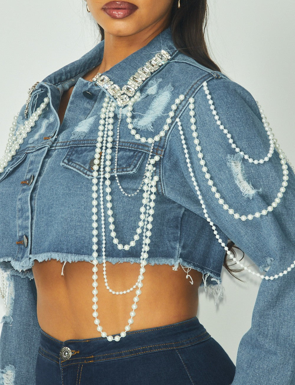 Women's Artemila Pearl & Rhinestone Denim Crop Jacket- HOTHDJ33050AME