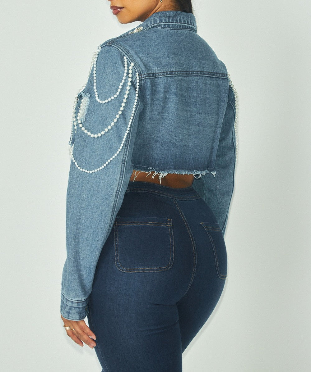 Women's Artemila Pearl & Rhinestone Denim Crop Jacket- HOTHDJ33050AME