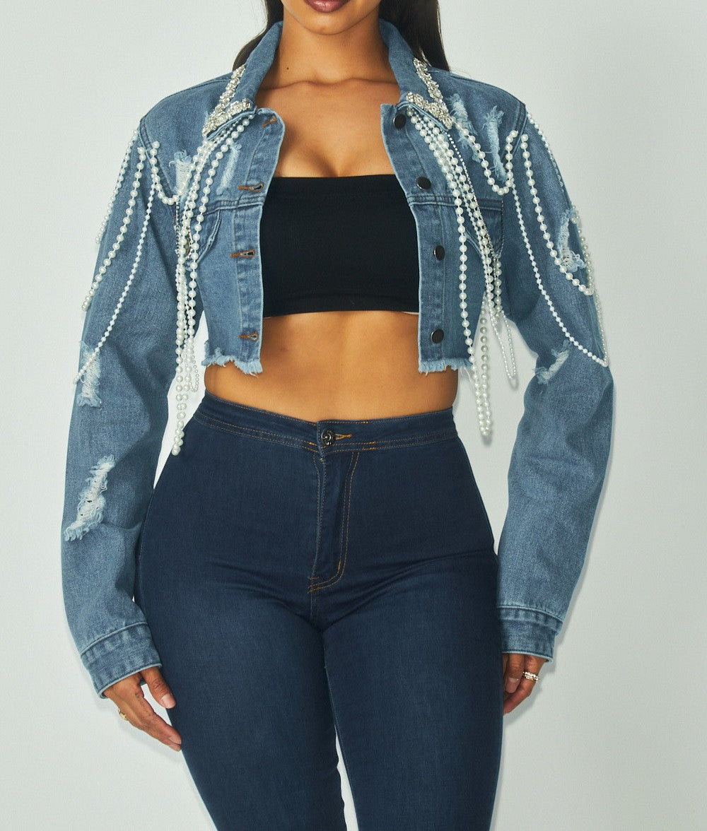 Women's Artemila Pearl & Rhinestone Denim Crop Jacket- HOTHDJ33050AME