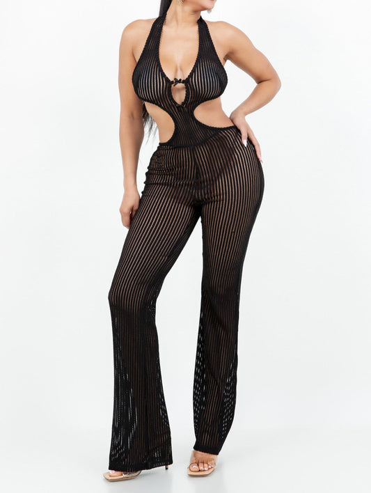 Women' Halter Neck Sleeveless Cut-out Waist Jumpsuit - HER23386