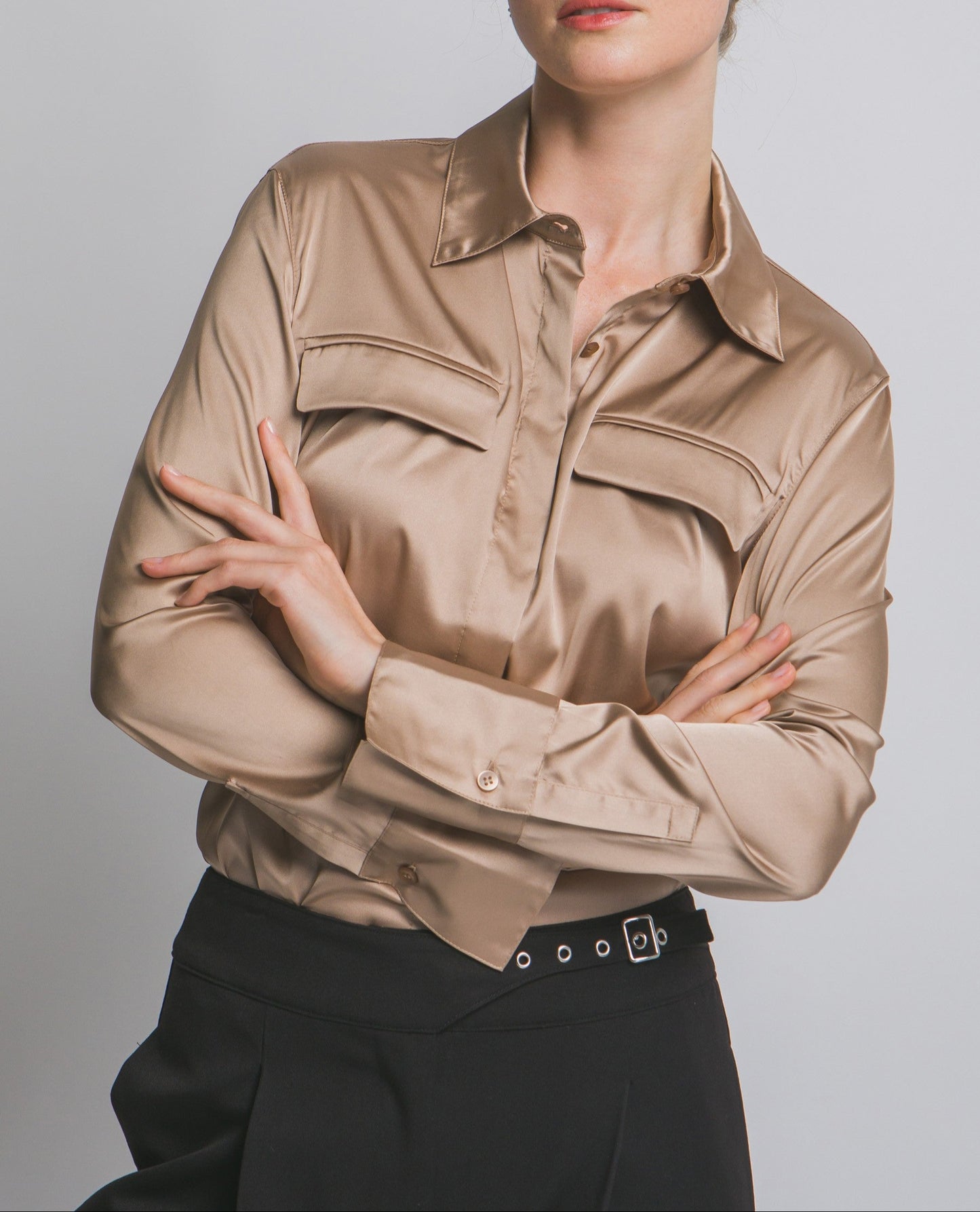 Women's Collared Satin Button-up Shirt - LOV10381TN
