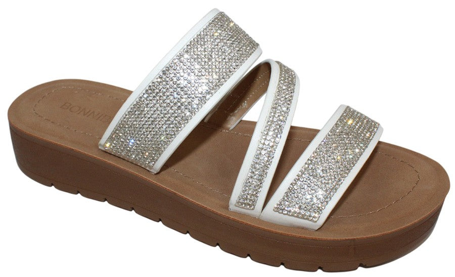 Women's Rhinestone Triple Strap Flat Slides - MARLEE7