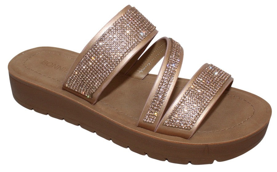 Women's Rhinestone Triple Strap Flat Slides - MARLEE7