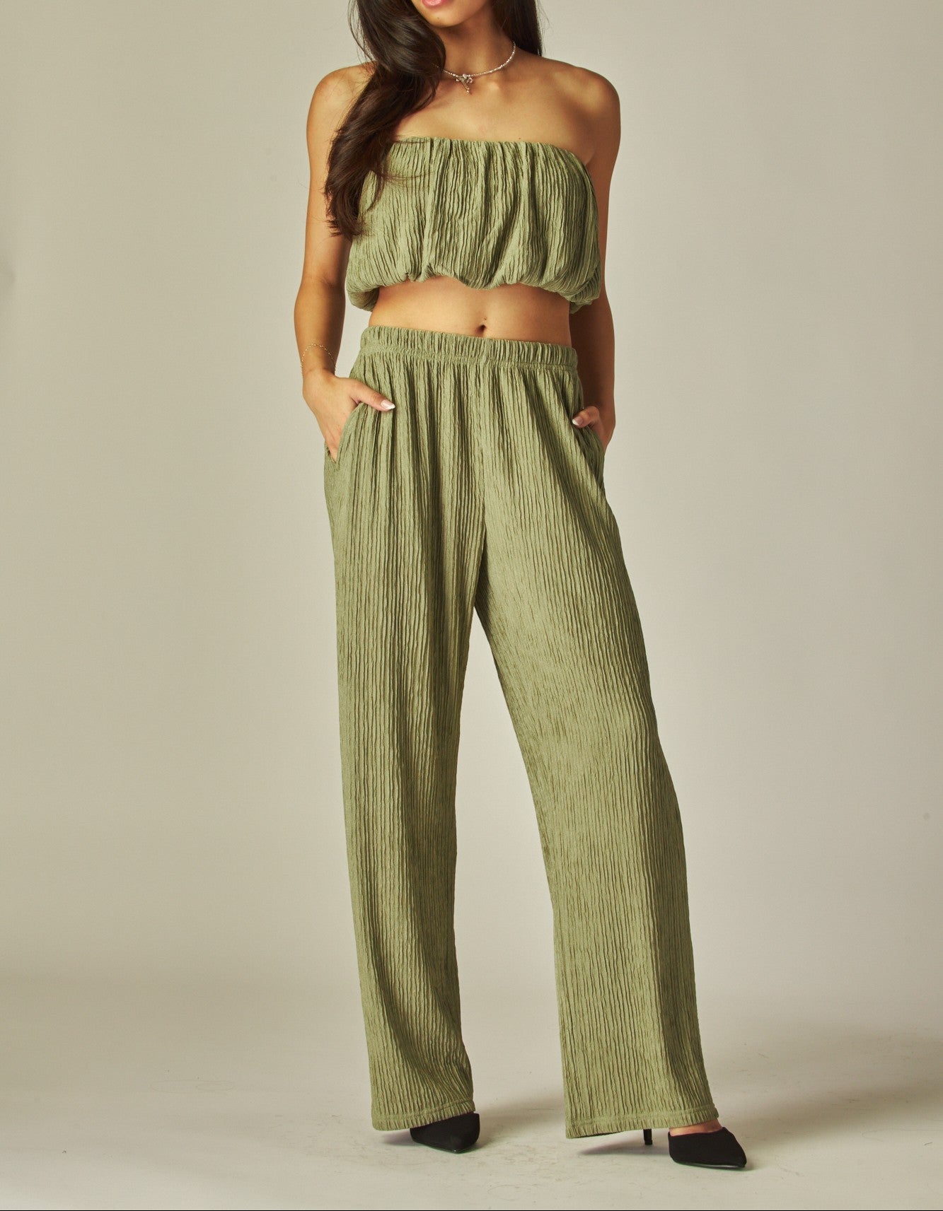 Women's Crinkle Textured Bubble Tube Top Loungewear Set - LVPIRIS15S