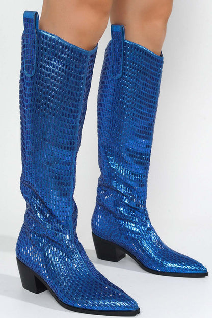 Women's Metallic Rhinestone Chunky Western Boots - CHERUB