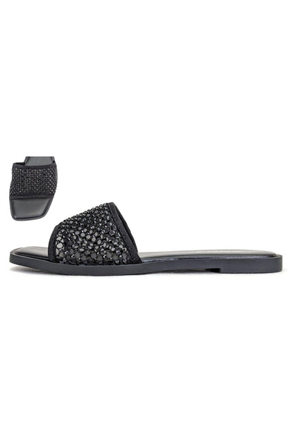Women's Square Toe Rhinestone Fishnet Flat Sandal - INDIES