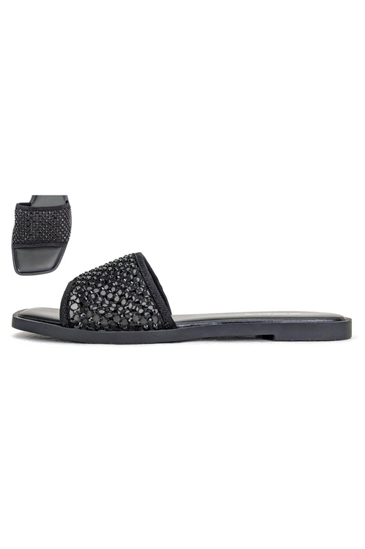 Women's Square Toe Rhinestone Fishnet Flat Sandal - INDIES