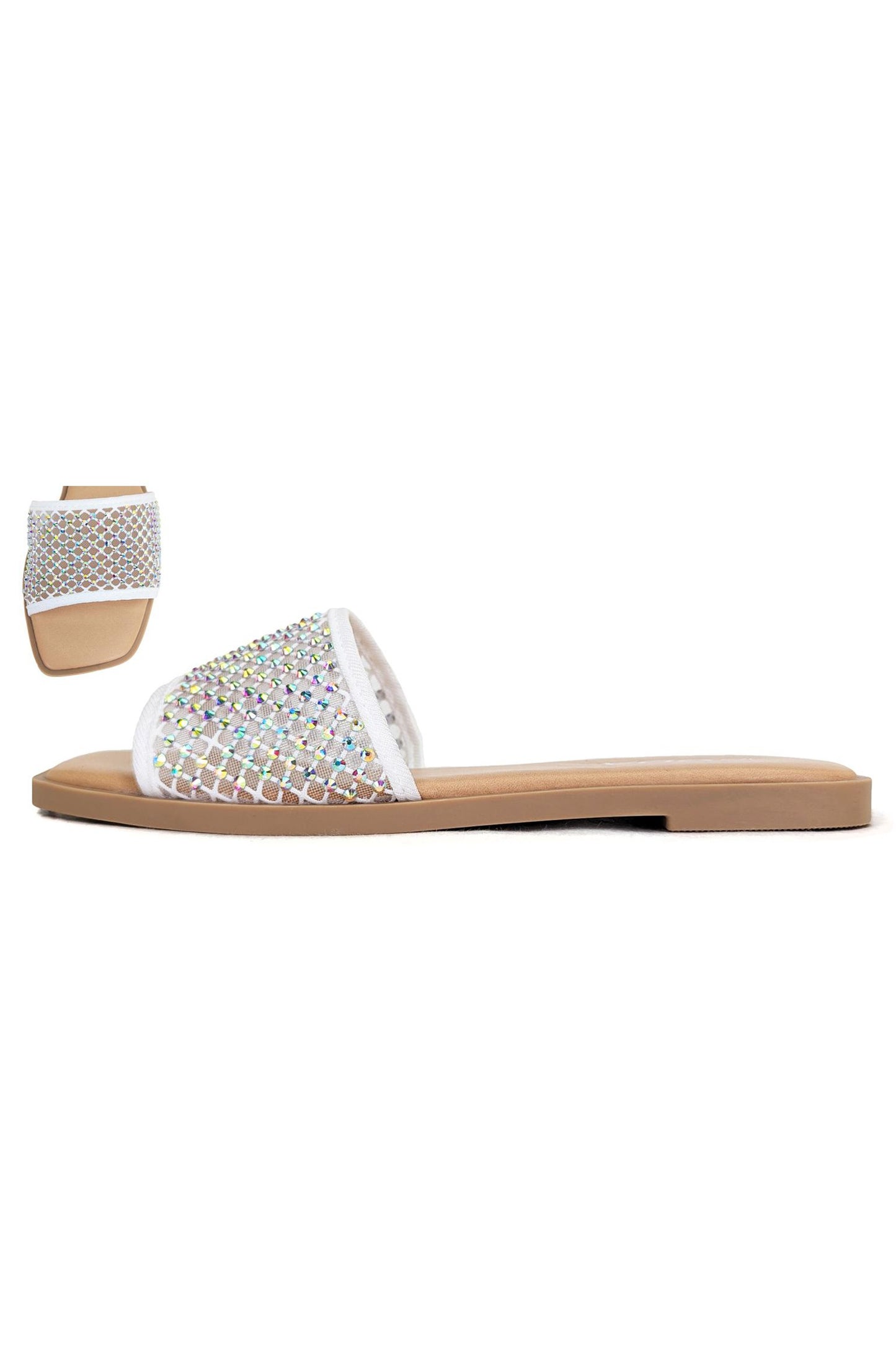 Women's Square Toe Rhinestone Fishnet Flat Sandal - INDIES