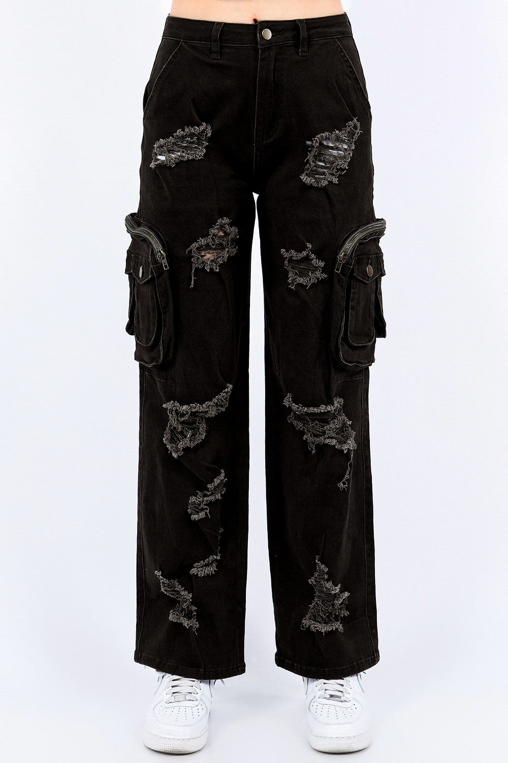 Women s Distressed Cargo Pants W Zipper Pocket AMIRJH5901