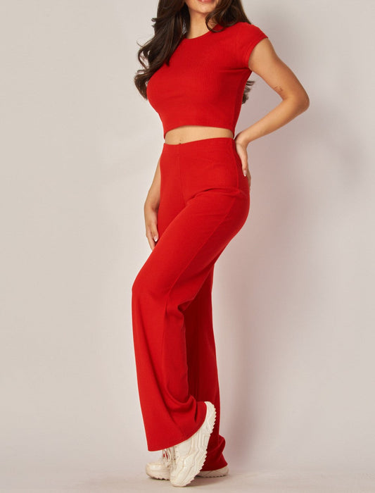Women's Soft Ribbed Crop Tee Wide Leg Pant Set - LVPHALEY101