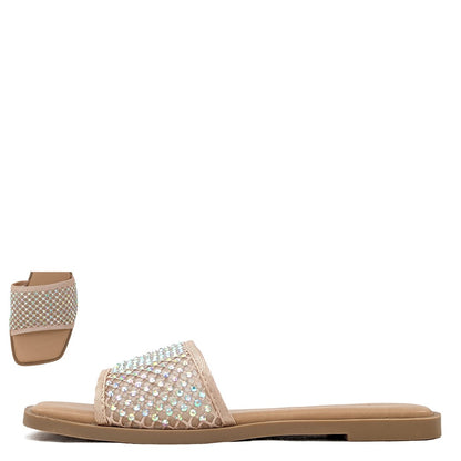 Women's Square Toe Rhinestone Fishnet Flat Sandal - INDIES