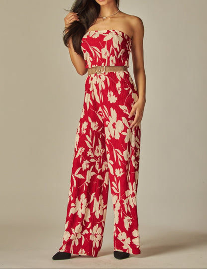 Women's Crinkled Print Strapless Belted Wide Leg Jumpsuit - LVPIRIS5JP