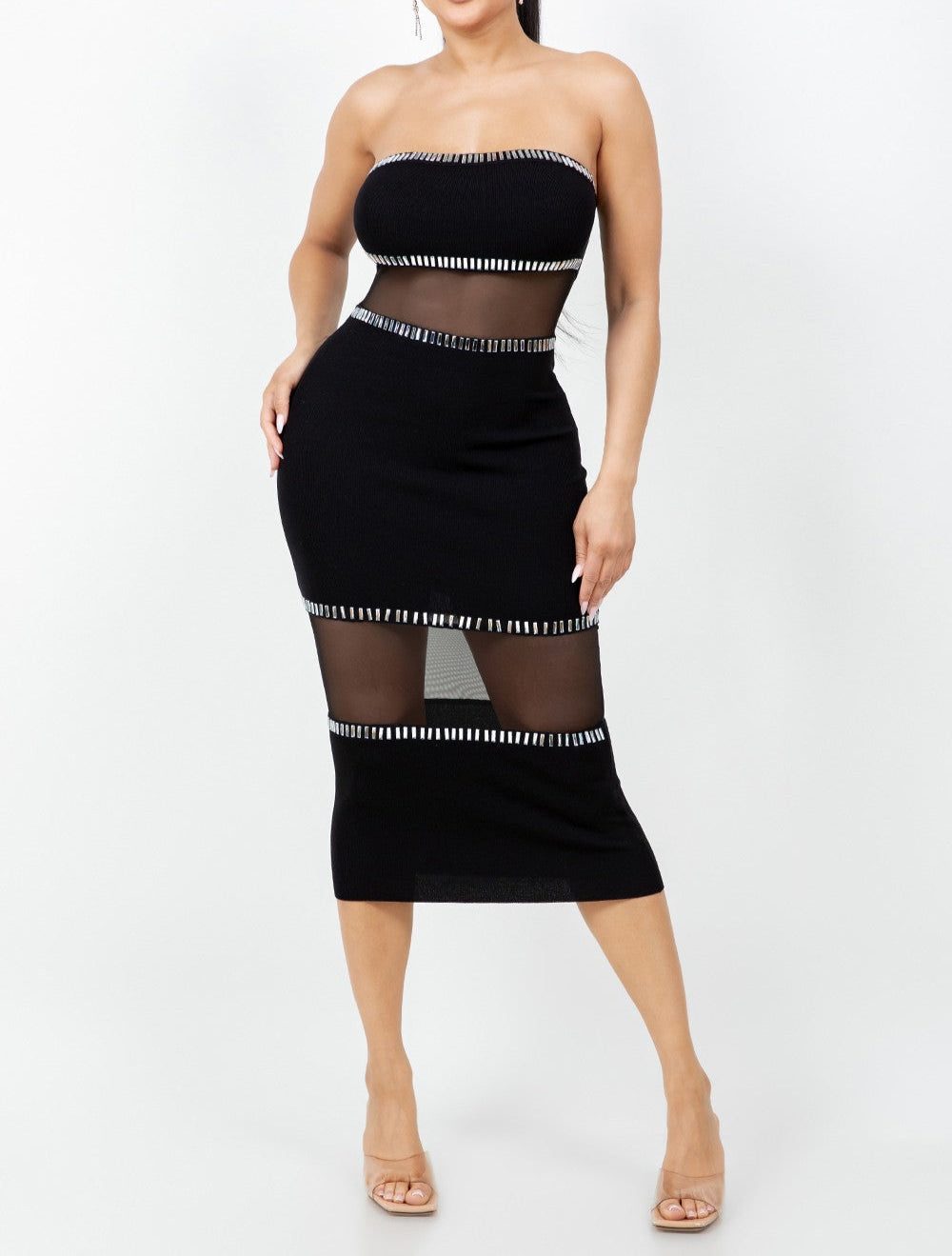 Women's Tube Mesh Midi Dress W/ Rhinestone- HER23401