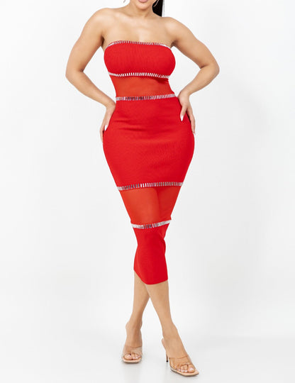 Women's Tube Mesh Midi Dress W/ Rhinestone- HER23401