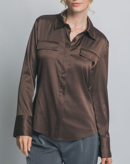 Women's Collared Satin Button-up Shirt - LOV10381TN