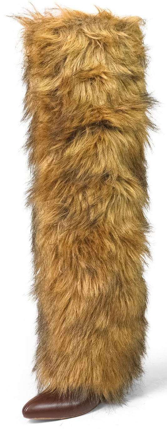 Women's Furry Fur Wedge Knee High Booties - MUTTO18