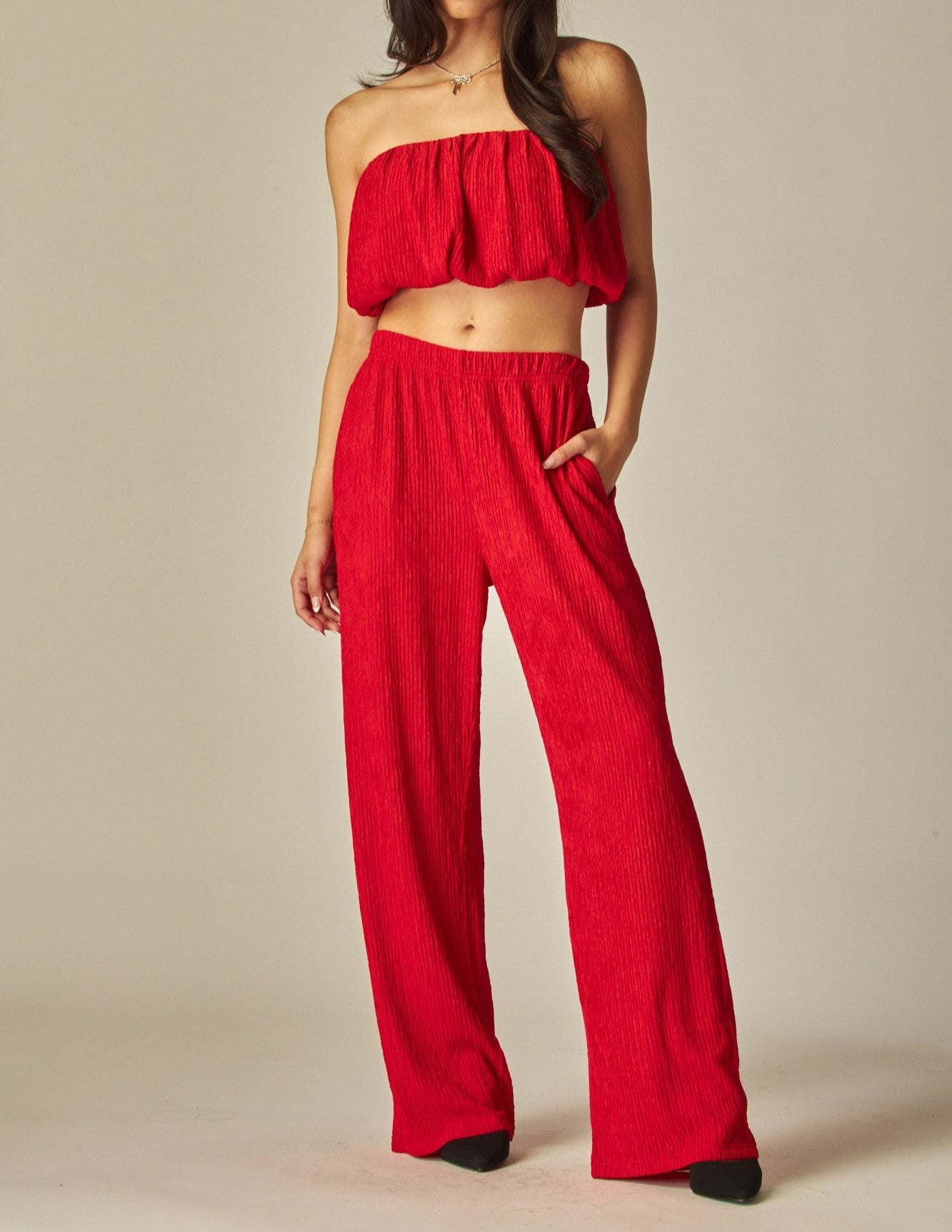 Women's Crinkle Textured Bubble Tube Top Loungewear Set - LVPIRIS15S