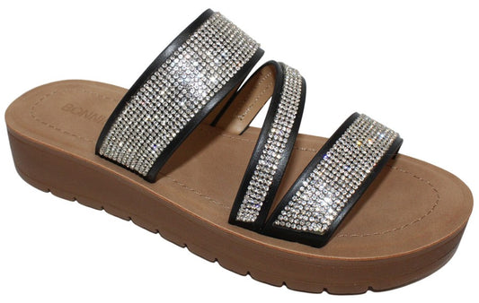 Women's Rhinestone Triple Strap Flat Slides - MARLEE7