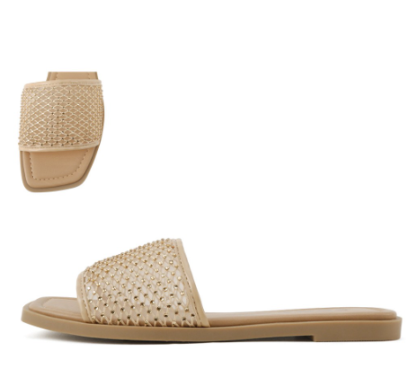 Women Rhinestone Mesh Band Square Toe Slides - ROSSAS