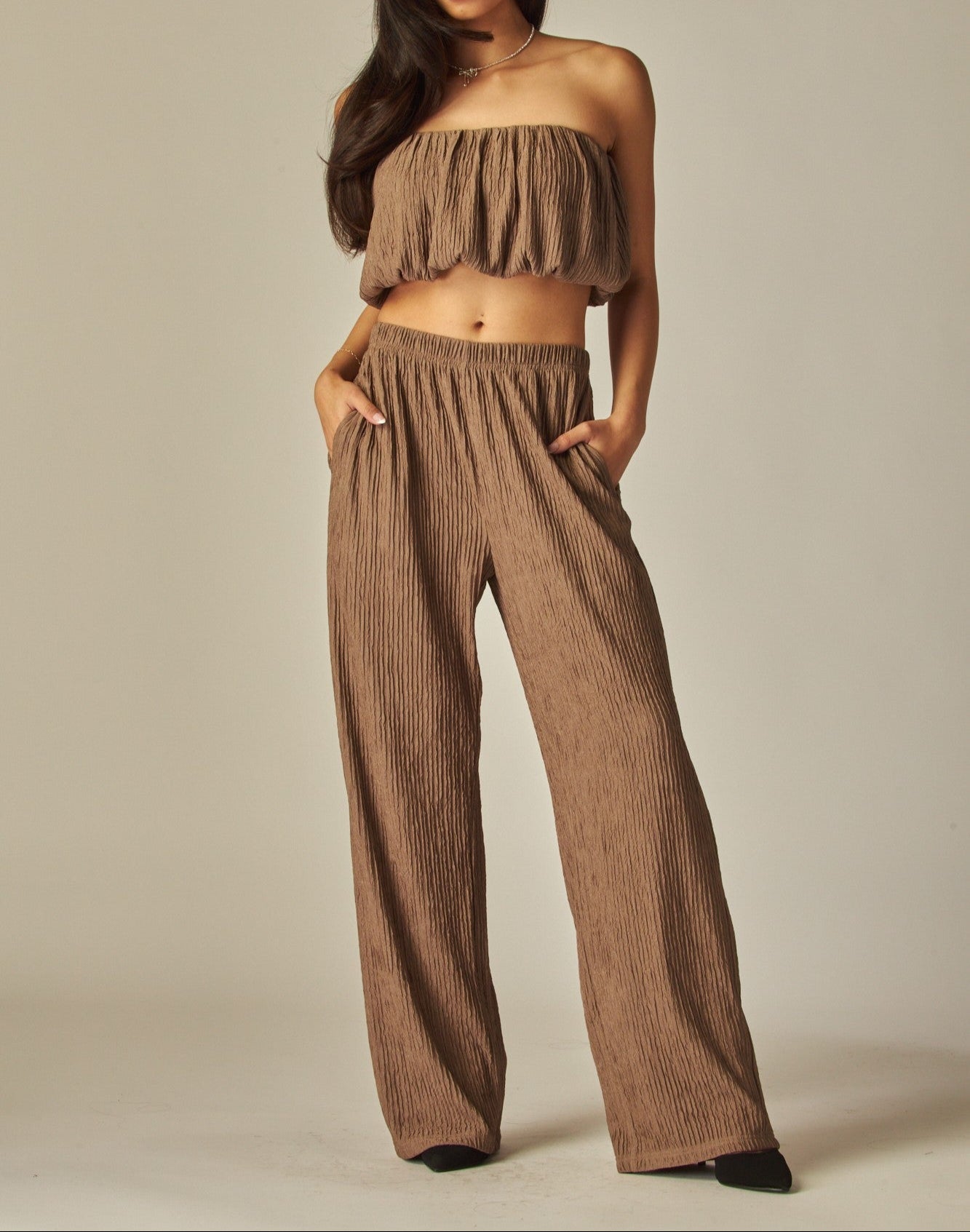 Women's Crinkle Textured Bubble Tube Top Loungewear Set - LVPIRIS15S