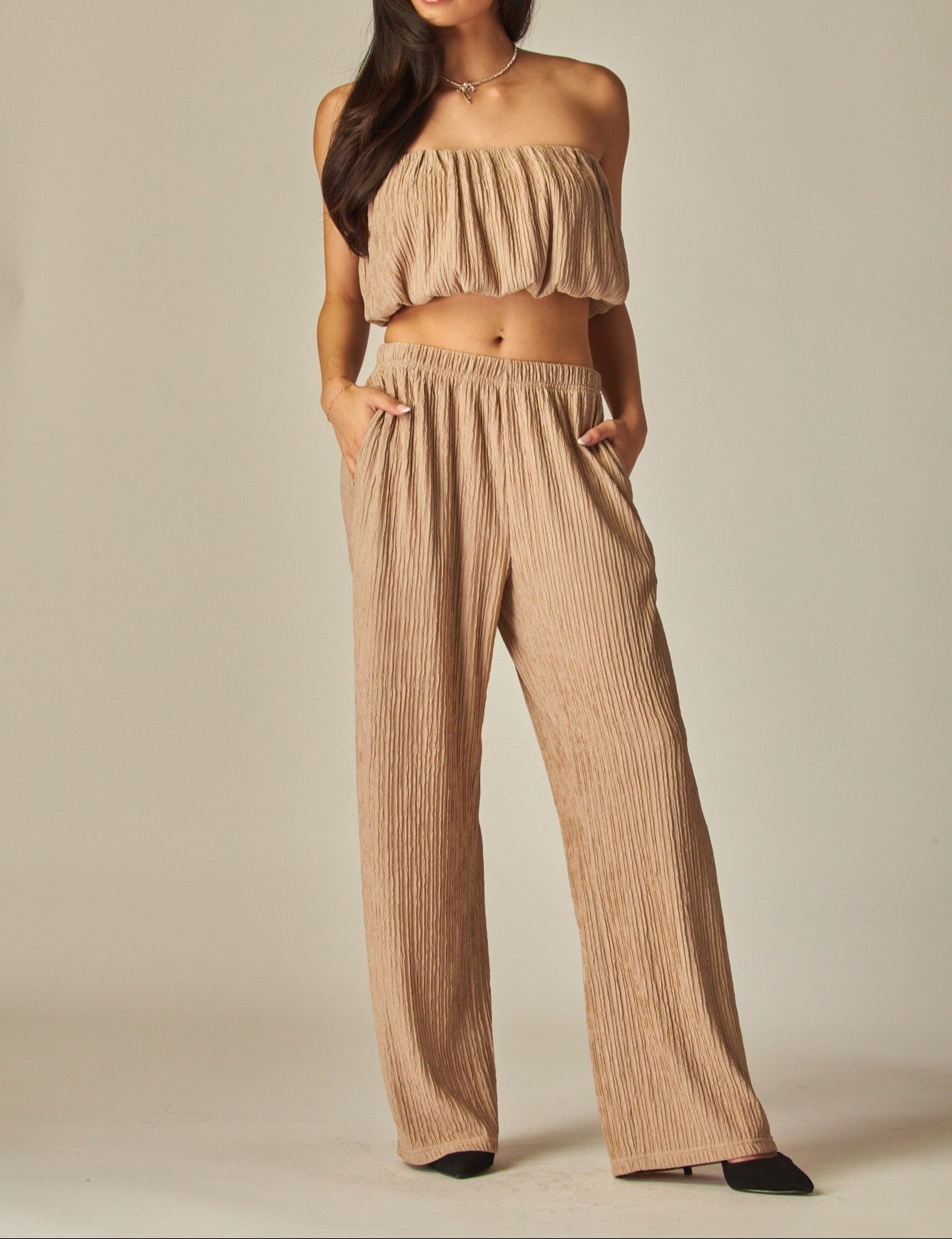 Women's Crinkle Textured Bubble Tube Top Loungewear Set - LVPIRIS15S